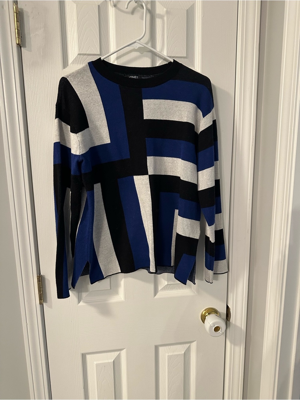 Jones New York Women’s Geo Block Crewneck Sweater - Blue, Black & Silver
